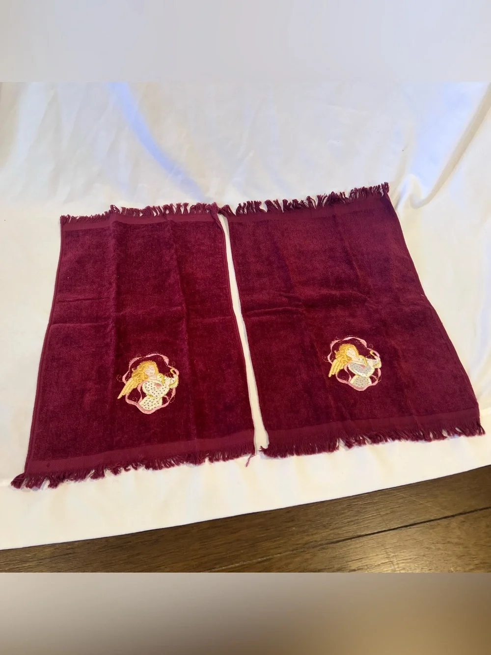Vintage Angel Embroidered Hand Towels Set Burgundy Cotton Fringe Pair